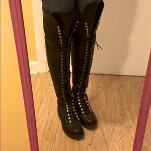 Black thigh high combat boots